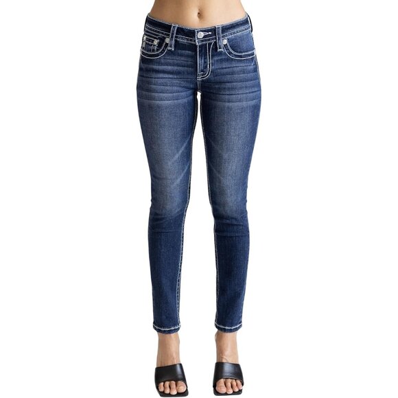 Women's Bohemian Feathered Wings Faux Flap Pockets Mid-Rise Skinny Jeans - Picture 1 of 4